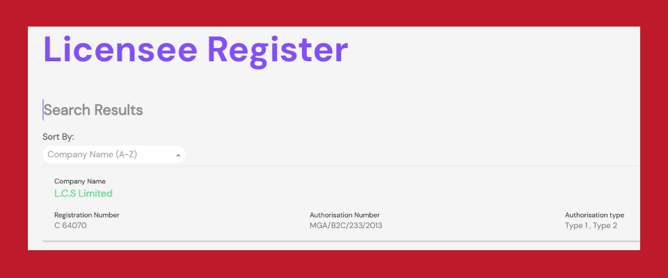 MGA licensregister för kontroll av casinots spellicens